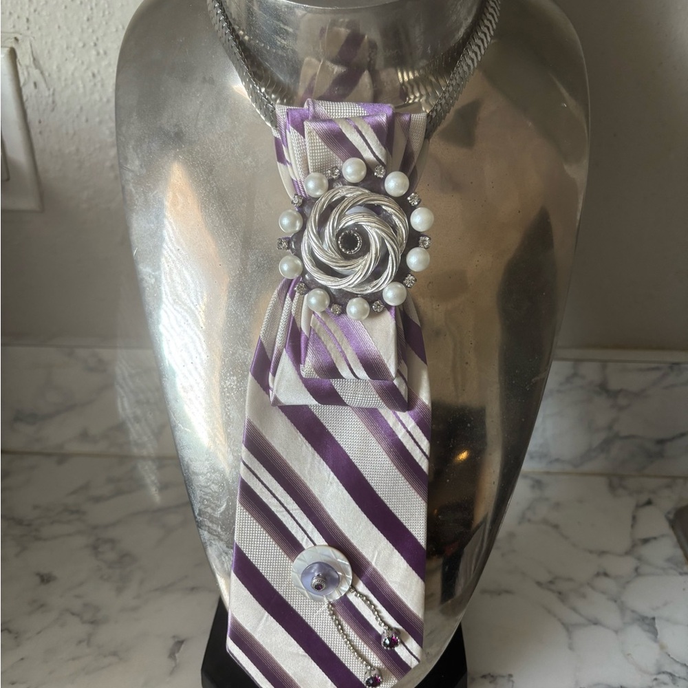 Purple and White Striped Tie Necklace